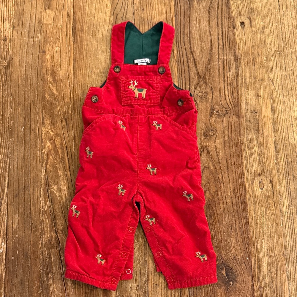 Hartstrings Reindeer Pattern Red Holiday Corduroy Overalls 12m